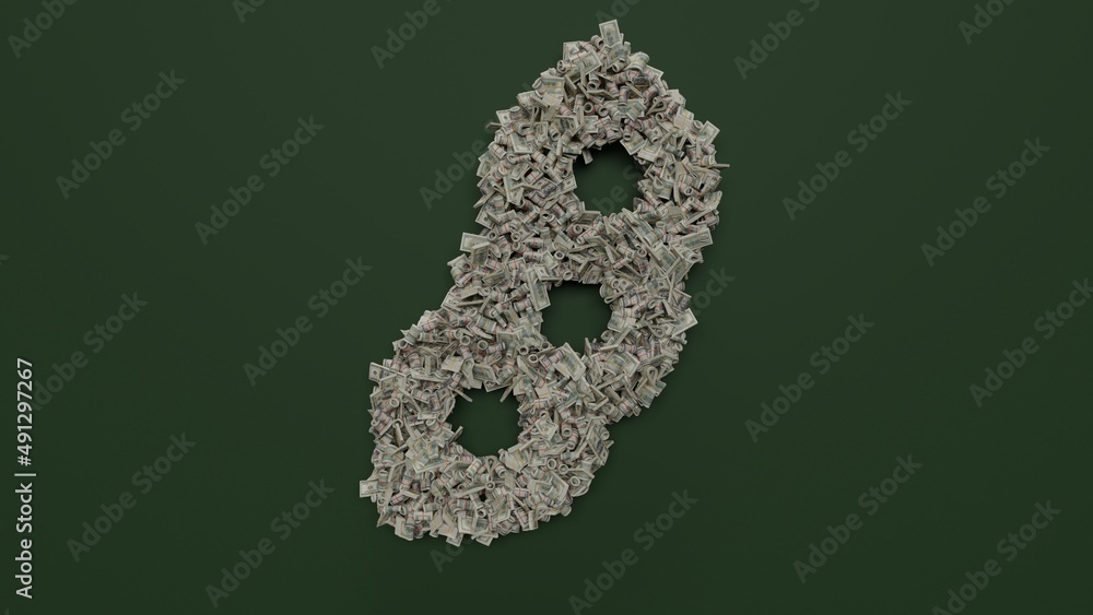 Poster 3d rendering of dollar cash rolls and stacks in shape of symbol of soya on green background