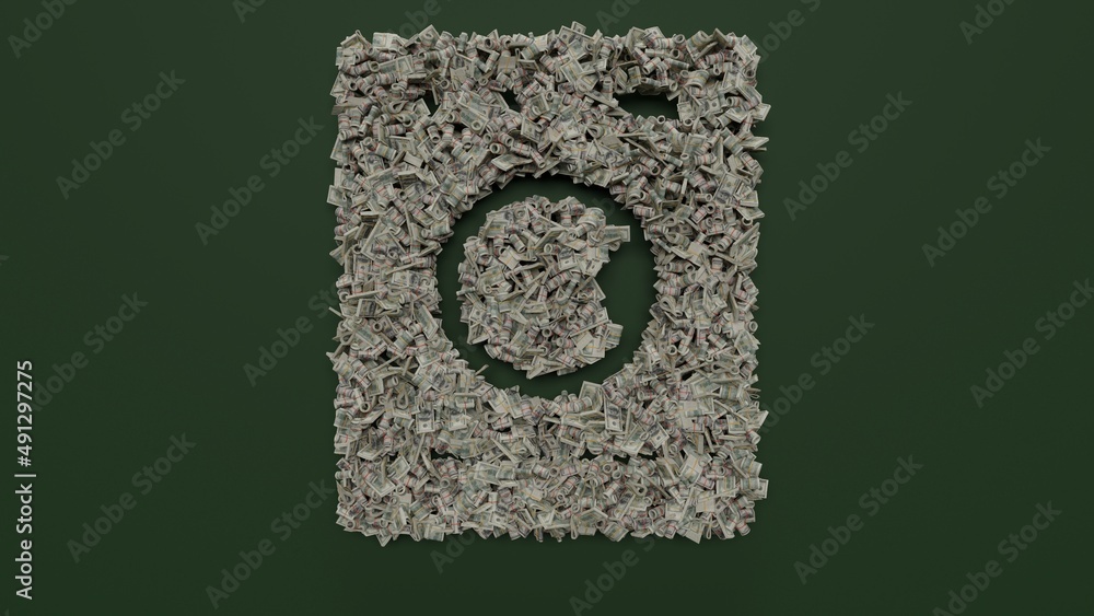 Poster 3d rendering of dollar cash rolls and stacks in shape of symbol of washing machine on green backgrou