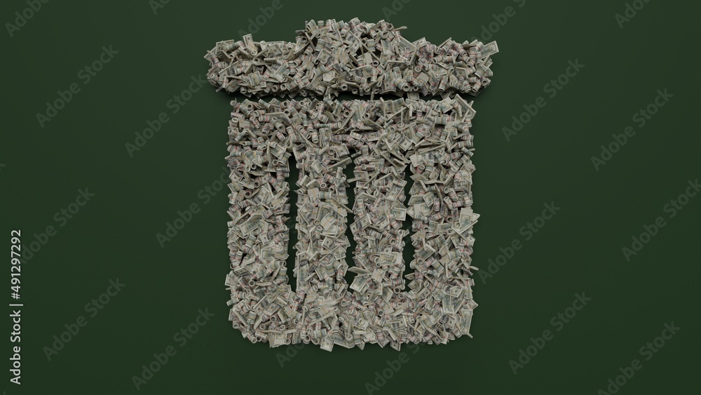 Poster 3d rendering of dollar cash rolls and stacks in shape of symbol of trash alt on green background