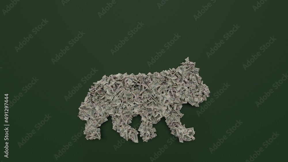 Poster 3d rendering of dollar cash rolls and stacks in shape of symbol of wolf on green background
