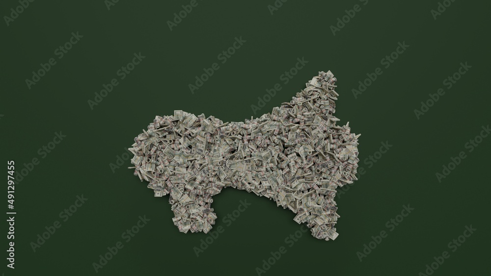 Poster 3d rendering of dollar cash rolls and stacks in shape of symbol of megaphone on green background