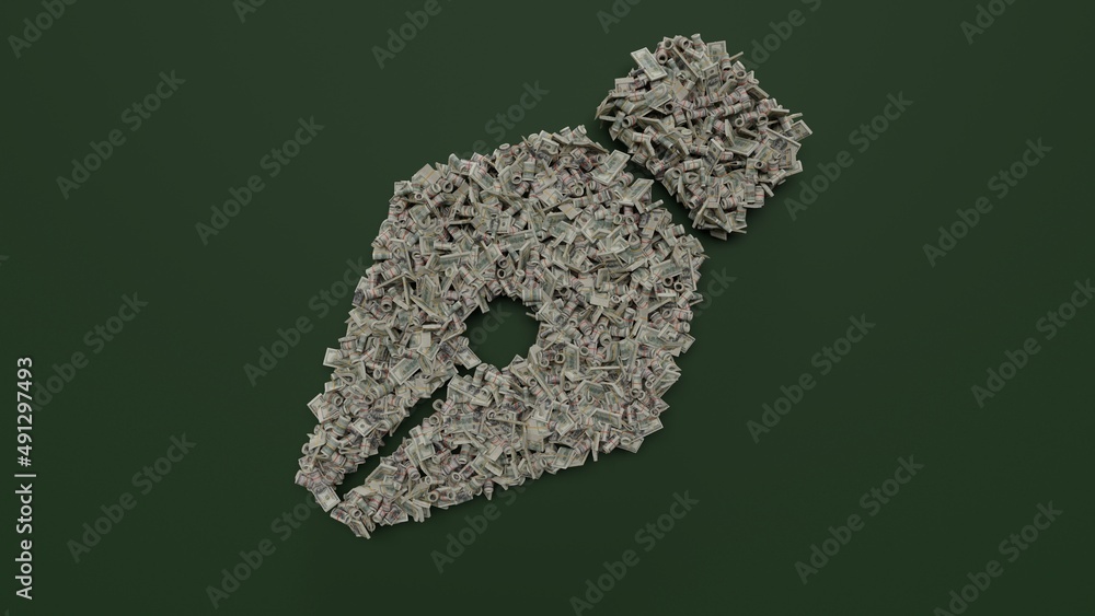 Aufkleber 3d rendering of dollar cash rolls and stacks in shape of symbol of pen nib on green background