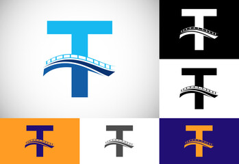 Initial T monogram letter alphabet with bridge sign. Abstract bridge logo design template. Modern vector logo for construction business and company identity.