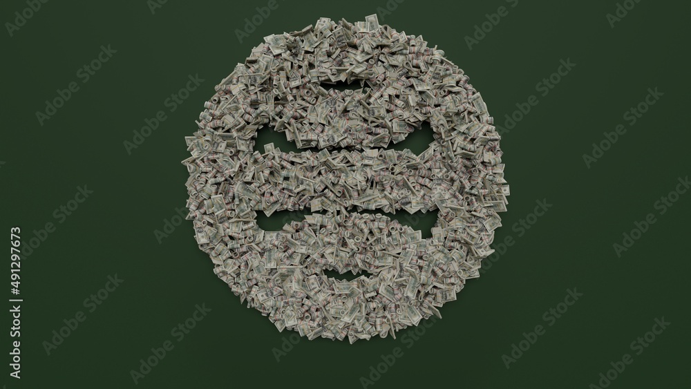 Poster 3d rendering of dollar cash rolls and stacks in shape of symbol of terra symbol on green background