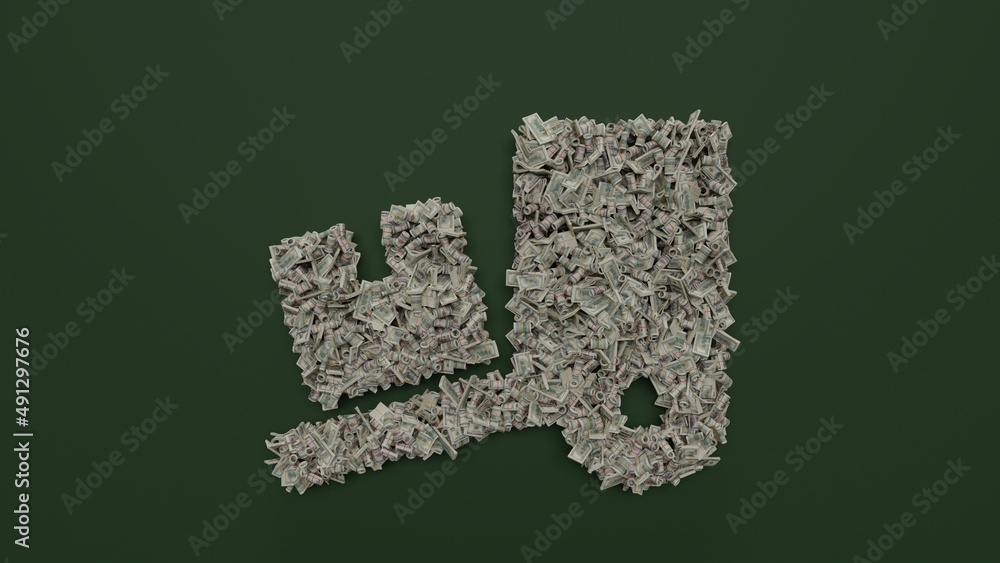 Poster 3d rendering of dollar cash rolls and stacks in shape of symbol of truck loading on green background