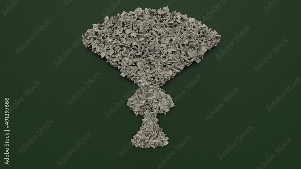 Poster 3d rendering of dollar cash rolls and stacks in shape of symbol of chinese fan on green background