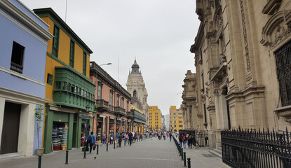 Downtown street with colonial balconies in Lima, Peru