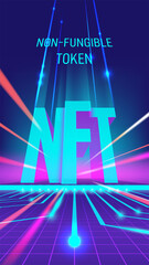 Abstract futuristic neon illustration with NFT typography. Concept of non-fungible token, digital items for crypto art, gaming, collectible and blockchain technology for infographics. Vector template.