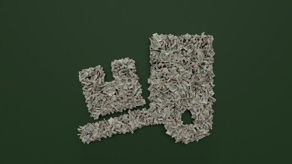 3d rendering of dollar cash rolls and stacks in shape of symbol of truck loading on green background
