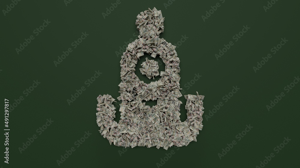Poster 3d rendering of dollar cash rolls and stacks in shape of symbol of alien on green background