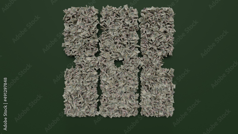 Poster 3d rendering of dollar cash rolls and stacks in shape of symbol of space station on green background