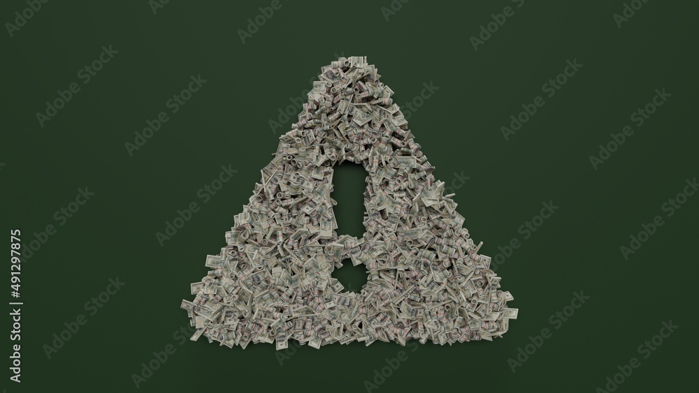 Poster 3d rendering of dollar cash rolls and stacks in shape of symbol of exclamation triangle on green bac