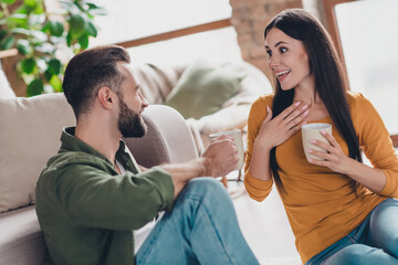 Portrait of attractive adorable cheerful couple communicating spending day holiday enjoying at home house flat indoors