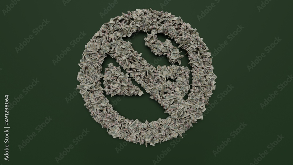 Poster 3d rendering of dollar cash rolls and stacks in shape of symbol of smoking ban on green background