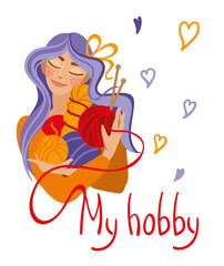 Cute girl holding balls of yarn in her hands. Knitting. Logo. Vector illustration.