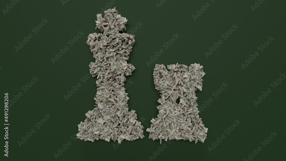 Poster 3d rendering of dollar cash rolls and stacks in shape of symbol of chess on green background