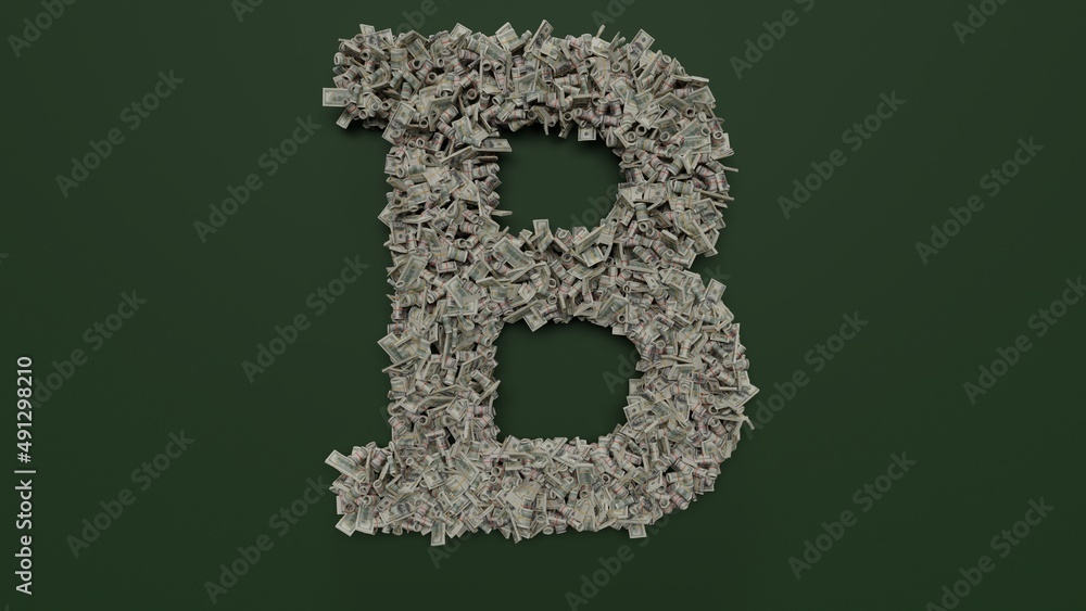 Poster 3d rendering of dollar cash rolls and stacks in shape of symbol of bold on green background