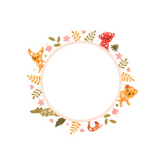 Cute tropical frame with animals, leaves and flowers isolated on white background. Botanical composition for greeting cards or selling banners. Cartoon vector illustration in pastel colors