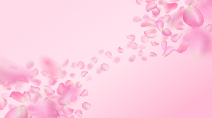 Vector background with realistic rose petals. Template of flying voluminous blurred pink sakura petals with blur effect. Spring flower illustration for wallpaper, banner, romantic greeting card.