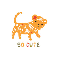 Cute baby tiger with abstract decorative ornament and funny lettering. Vector kids illustration isolated on white background for textile or printing on any surface