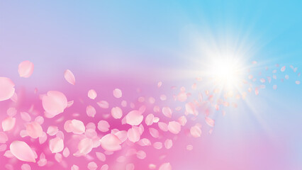 Vector background with realistic sakura petals and sun rays in sky. Template of flying voluminous blurred pink cherry blossom petal with blur effect. Spring floral romantic illustration.