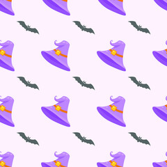 Abstract Doodle Seamless Pattern Halloween Bats, Hats Fabric Background Decoration Vector Design Style For Prints Textiles, Clothing, Gift Wrap, Wallpaper, Pastel