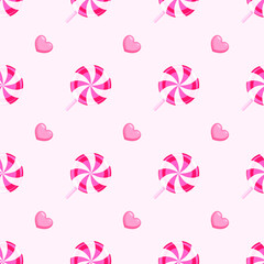Seamless Pattern Abstract Elements Fast Food Candy Lollipop With Hearts Vector Design Style Background Illustration Texture For Prints Textiles, Clothing, Gift Wrap, Wallpaper, Pastel