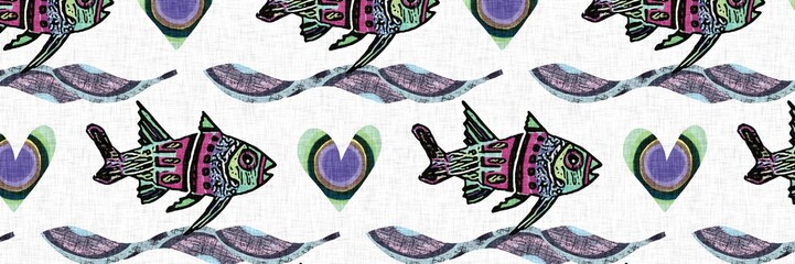 Colorful coastal seamless border with cute tropical fishes. Childish coral reef sealife fish banner. Playful summer beach edging fabric effect. Whimsical scandi fish riso endless trim. 