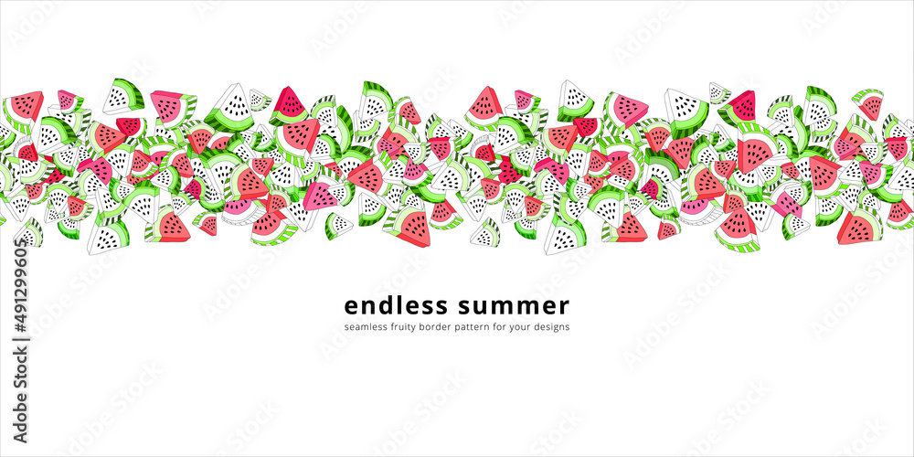 Poster vector seamless border pattern with watermelon slices. colorful outlined hand-drawn repeatable horiz