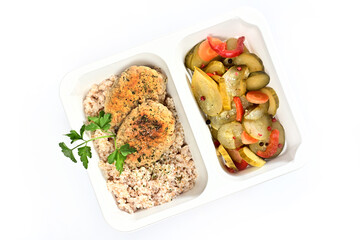 A healthy balanced box diet, dietary catering. Lunch.