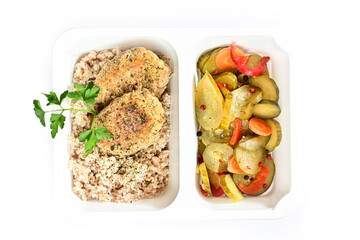 A healthy balanced box diet, dietary catering. Lunch.