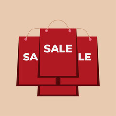 Four red shopping bags, a sales concept for stores with the inscription SALE on a light background. Illustration of the sales concept.