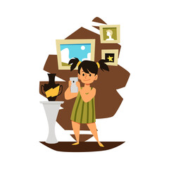 Child taking pictures of art object in museum flat vector illustration isolated.