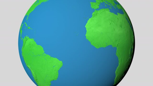 Seamless looping animation of the earth zooming in to the 3d map of Guinea Bissau with the capital and the biggest cites in 4K resolution