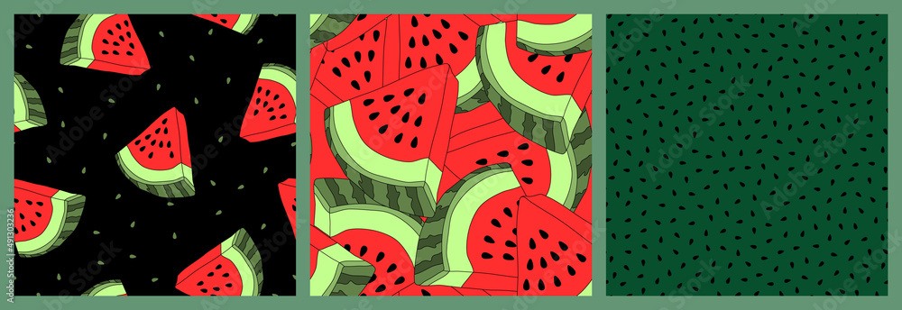 Aufkleber vector seamless pattern set. backgrounds with watermelon slices and seeds. colorful hand-drawn repea