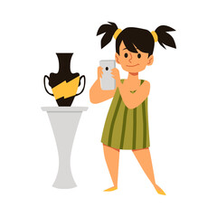 Child little photographer taking pictures, flat vector illustration isolated.