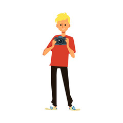 Fototapeta premium Teen boy young photographer taking pictures, flat vector illustration isolated.