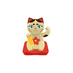Cat Maneki Neko mascot of good luck and wealth flat vector illustration isolated.