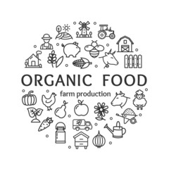Organic Food Sign Round Design Template Black Thin Line Icon Banner. Vector