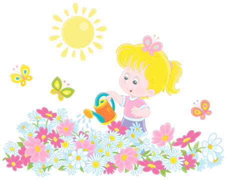 Happy little girl watering colorful garden flowers on a pretty small flowerbed on a sunny summer day, vector cartoon illustration isolated on a white background