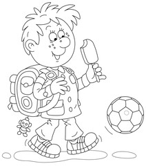 Cheerful schoolboy with an ice cream on a stick and a football walking after school, black and white vector cartoon illustration for a coloring book page