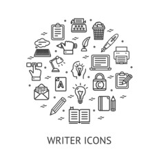 Writer Sign Round Design Template Black Thin Line Icon Banner. Vector