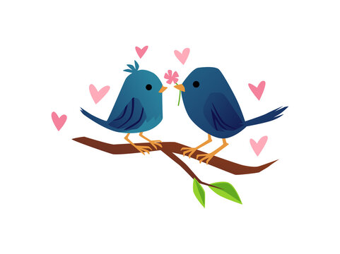 Two birds sitting on branch with leaves, romantic couple, cartoon flat vector illustration isolated on white background.