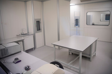 Futuristic laboratory with devices for DNA research, genome sequencing and bioinformatics. Science research center.