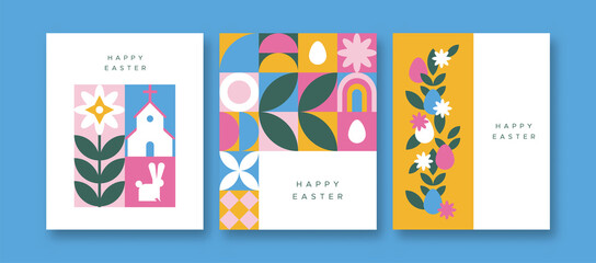 Happy easter colorful flat folk mosaic card set - 491304445