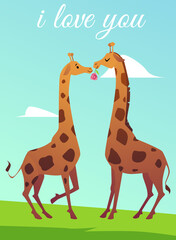 Fototapeta na wymiar Romantic giraffes couple kissing, greeting card template, cartoon flat vector illustration.