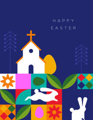 Happy easter colorful folk mosaic rabbit card
