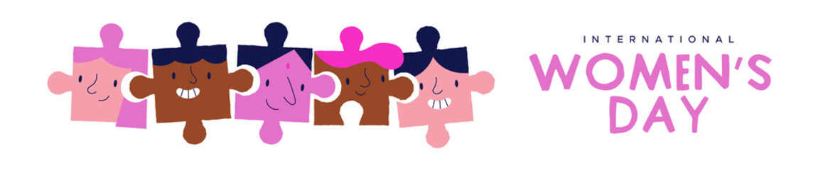 International women's day web banner illustration of pink woman friends together as puzzle pieces in flat cartoon style. Modern march 8 event design for female unity.