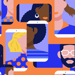 Diverse people face on mobile phone seamless pattern in flat minimalist style. Friend social media connection concept background illustration.