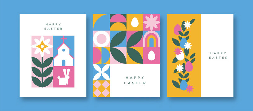 Happy easter colorful flat folk mosaic card set